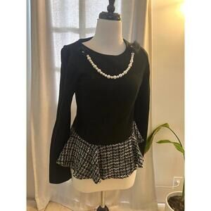 Vintage Moolb by Youngzari Black Tweed Peplum Jacket w/ Pearl Necklace Y2K Korea